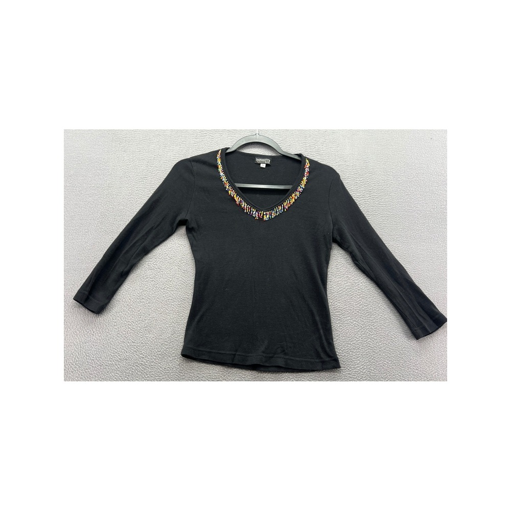 VTG Tagrag Shirt Womens Small Black Beaded V-Neck Long Sleeve Cotton